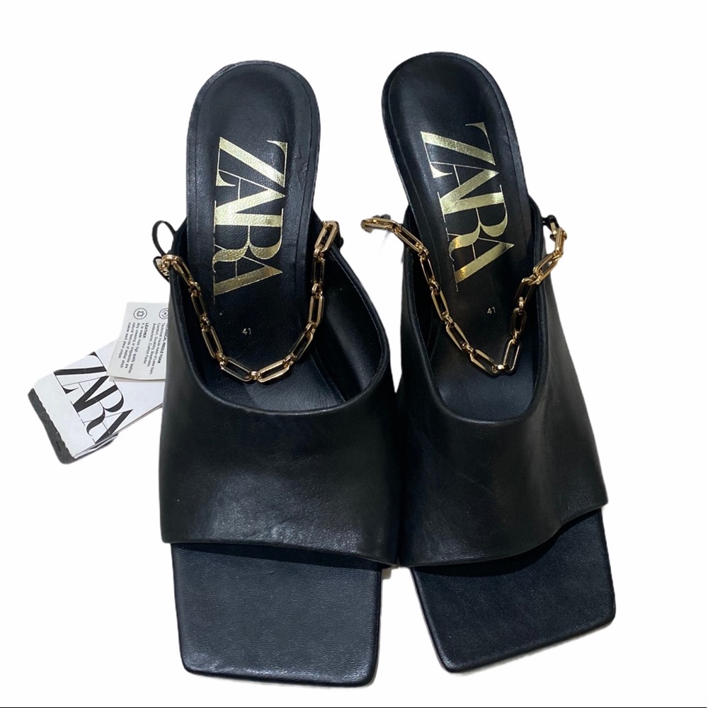 Zara Black Square-Toe Mules with Gold Chain Detail